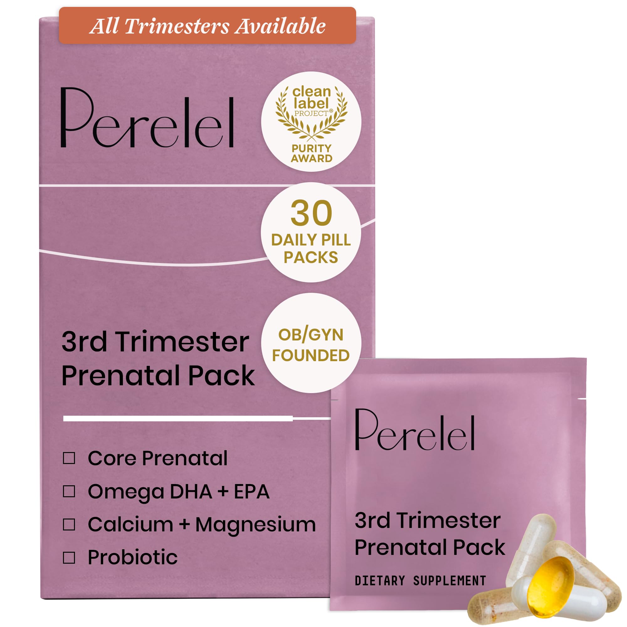 Perelel 2nd Trimester Prenatal Vitamins for Women, Choline, Folate, & Iron | Nutritional Support for Mid Pregnancy, Folate, Omega 3, & Vitamin D, Soy & Gluten Free, Non-GMO, 30 Daily Pill Packs