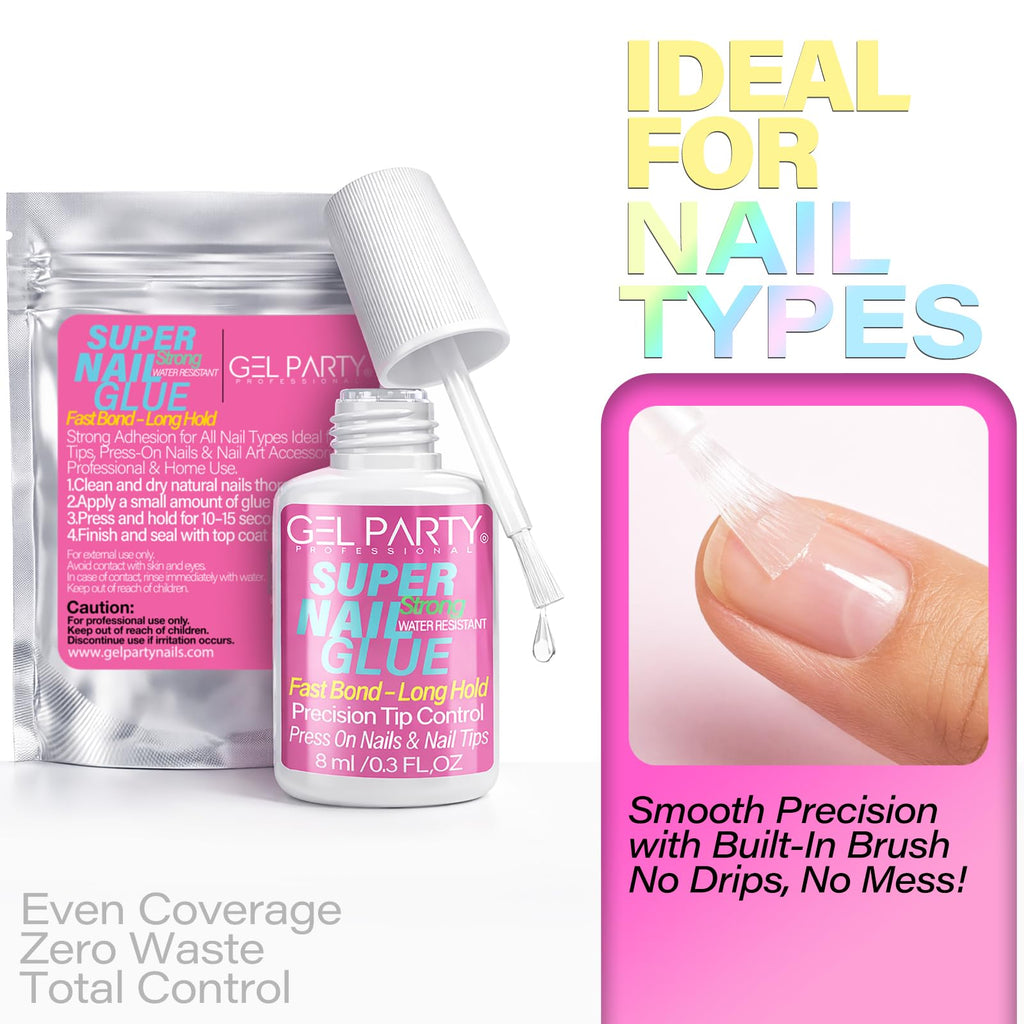 GELPARTY 8ml Brush-On Nail Glue for Press On Nails & Tips, Quick Dry