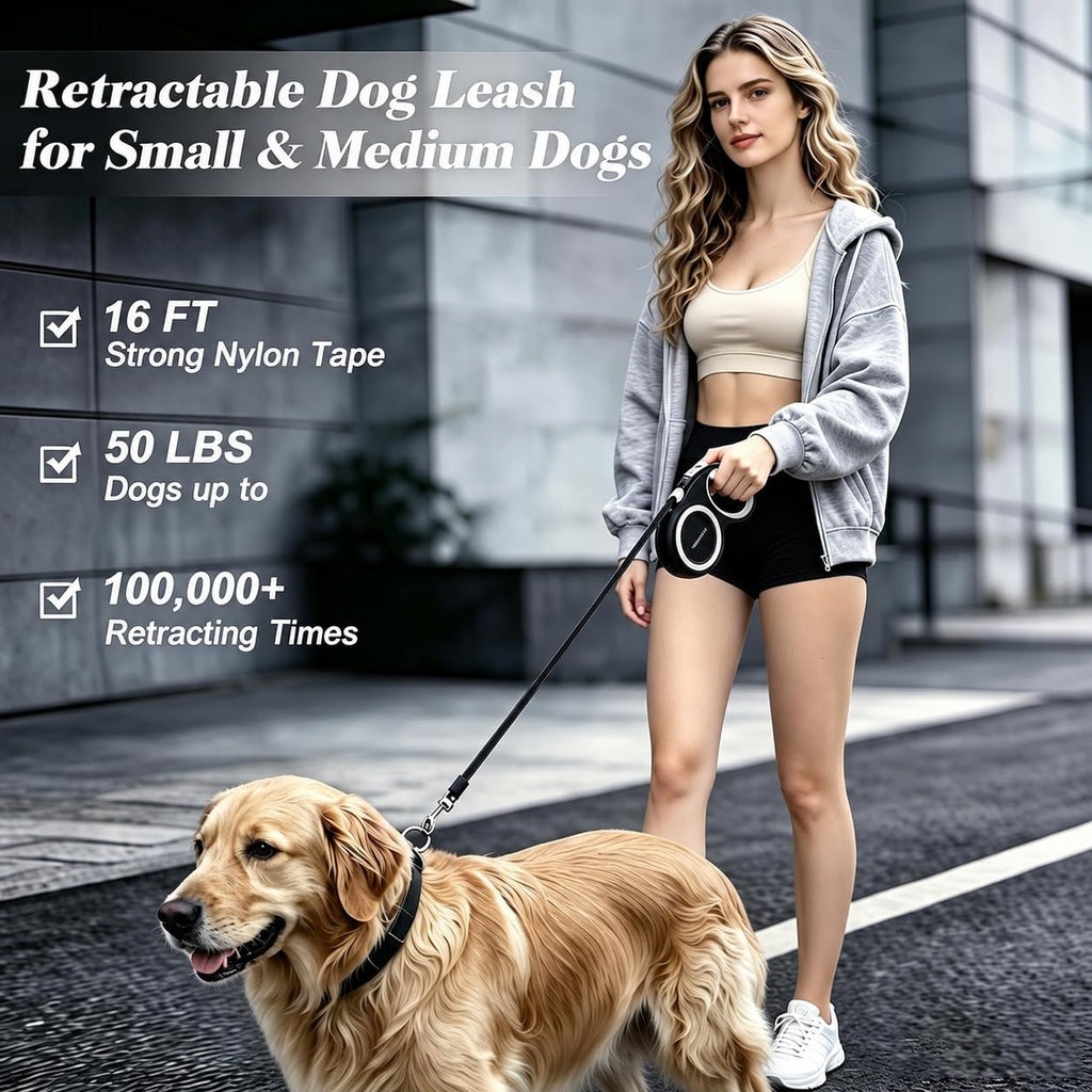 Retractable Dog Leash with Stainless Steel Anti-Chew Cable for Small & Medium Dogs up to 50 lbs | 16 ft Strong Nylon Reflective Tape | Quick Lock System (Medium, White)