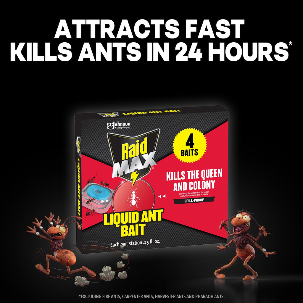 Raid Max Liquid Ant Bat; Kills Ants Where They Breed, for Indoor and Outdoor Use; 4 Bait Stations