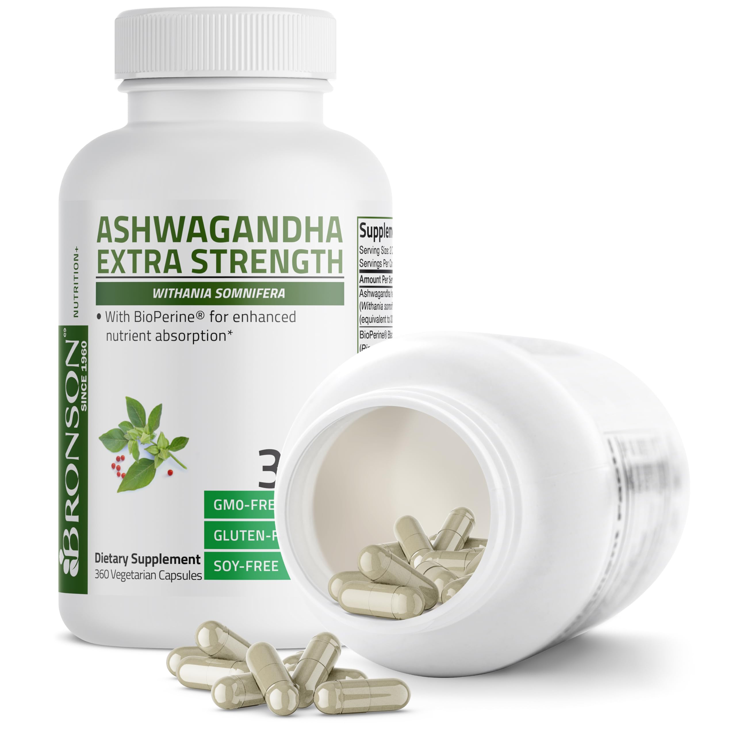 Bronson Ashwagandha Extra Strength Stress & Mood Support 360 Capsules | Vegetarian, Non-GMO, Gluten-Free, Soy-Free, BioPerine for High Absorption