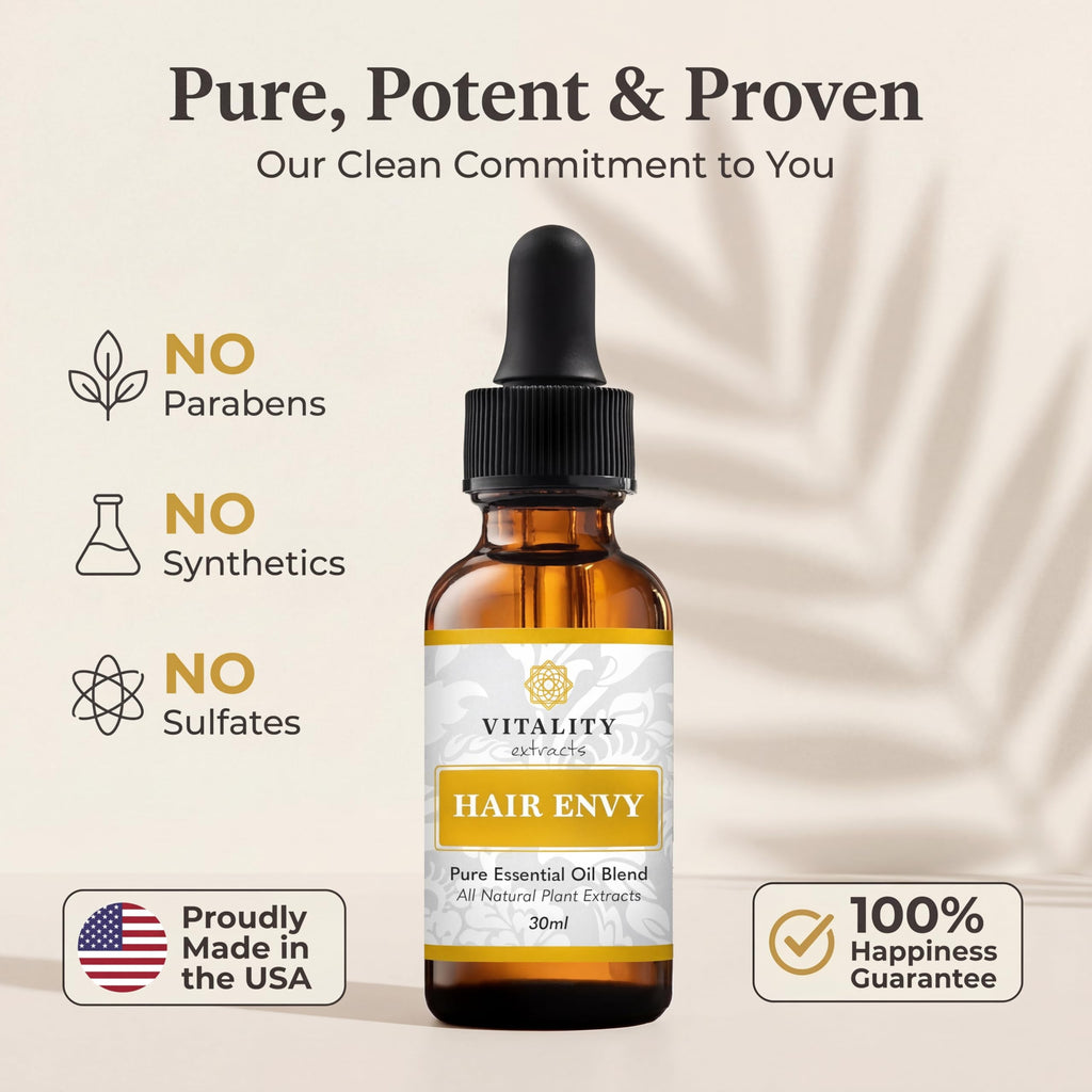 Vitality Extracts Hair Envy - Natural Hair Growth Serum - 100% Pure Essential Oils, 15 Plant Extracts, No Synthetics, No Parabens - Strengthen Hair, Minimize Breakage, Stimulate Follicles
