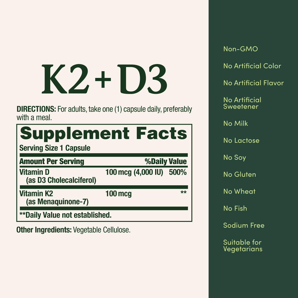 Nature’s Bounty Vitamin D3 K2 Supplement, 4000 IU Vitamin D3 plus 100 mcg of Vitamin K Supplements for Adults for Heart & Bone Health Support, 30 Day Supply, 30 Vegetarian Capsules