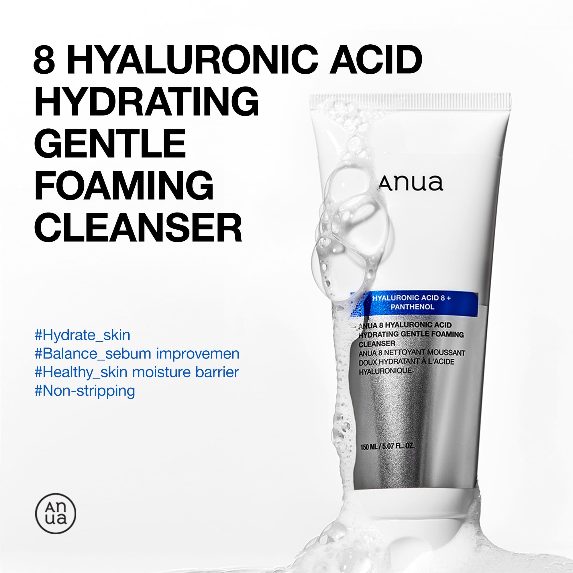 ANUA Hydrating Gentle Foaming Cleanser, 5.07 fl.oz | Daily Face Wash, Hyaluronic Acid, Zinc, Panthenol, for Dry & Sensitive Skin, Sebum Balance Facial Cleanser, Korean Skincare