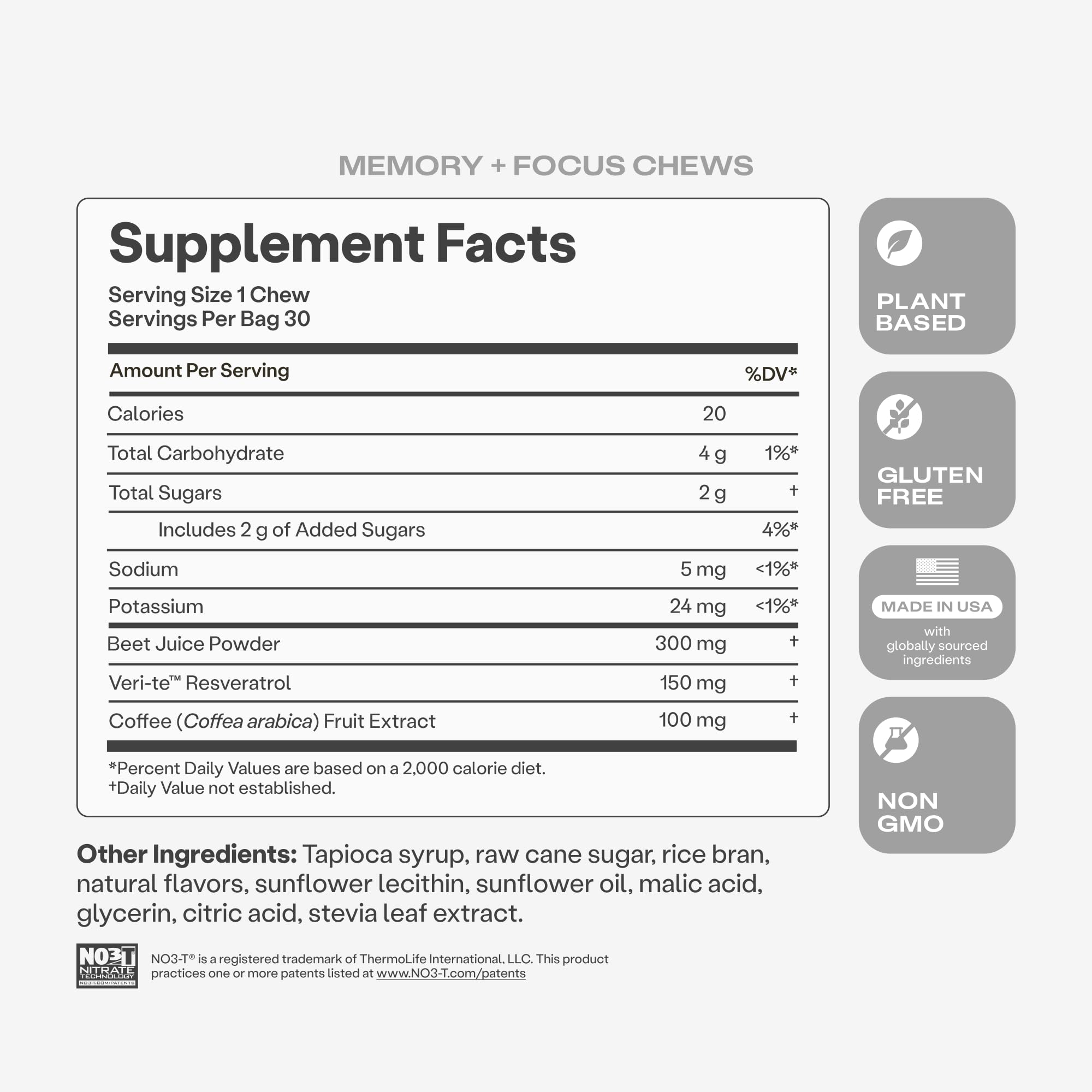 HumanN Memory + Focus Chews, Cognitive, Blueberry Pomegranate Flavor, 30 Ct | Mental Alertness, Non-GMO, Clinically Studied Nootropics, Fermented Resveratrol & Beet Juice Powder, For Adults, Made in USA