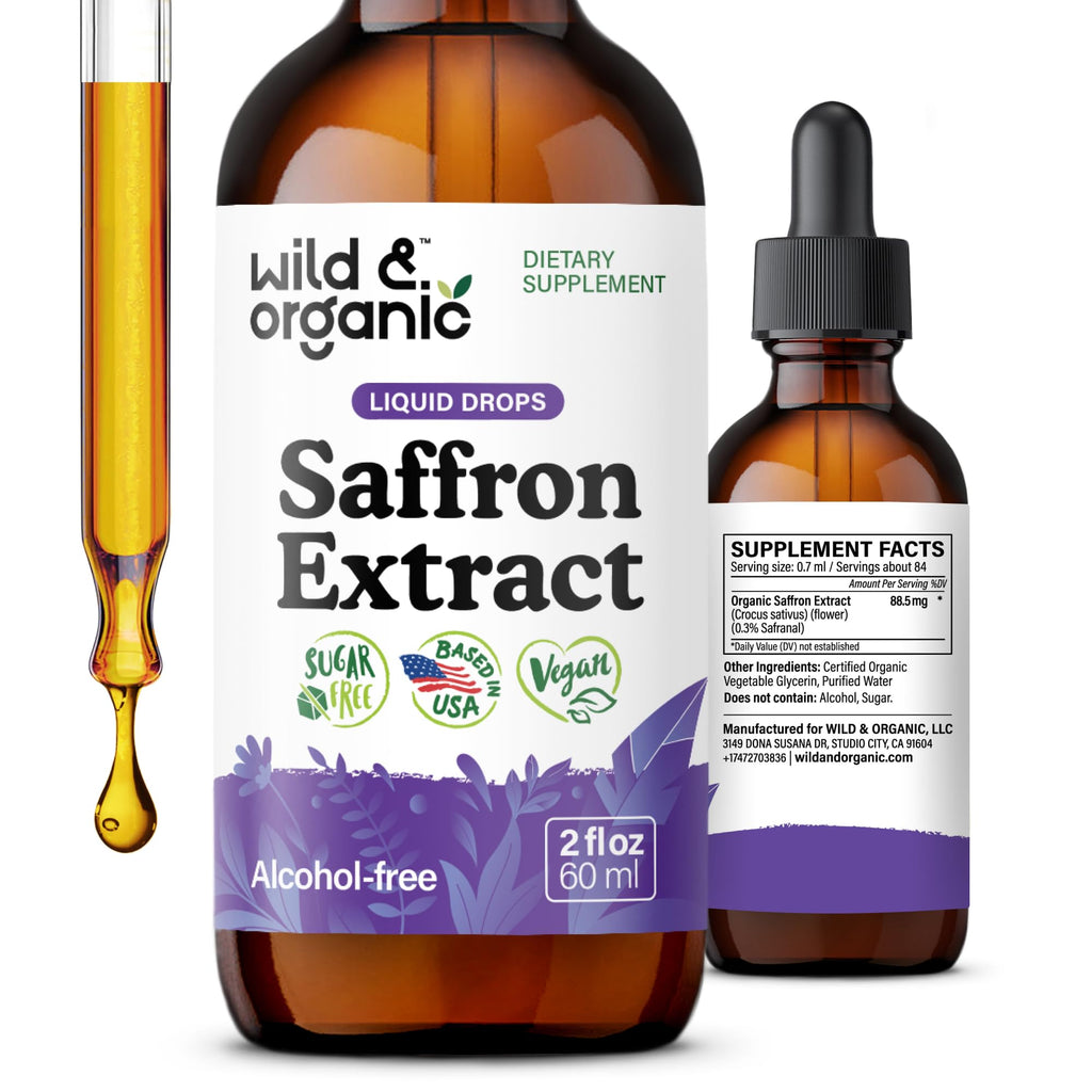 Wild & Organic Saffron Supplements 88.5 mg - Mood, Focus, Eye Support - 4oz | Saffron Extract Liquid Drops - Add to Tea - 5-Month Supply - Crocus Sativus Herb - Vegan, No Sugar & Alcohol-Free Tincture
