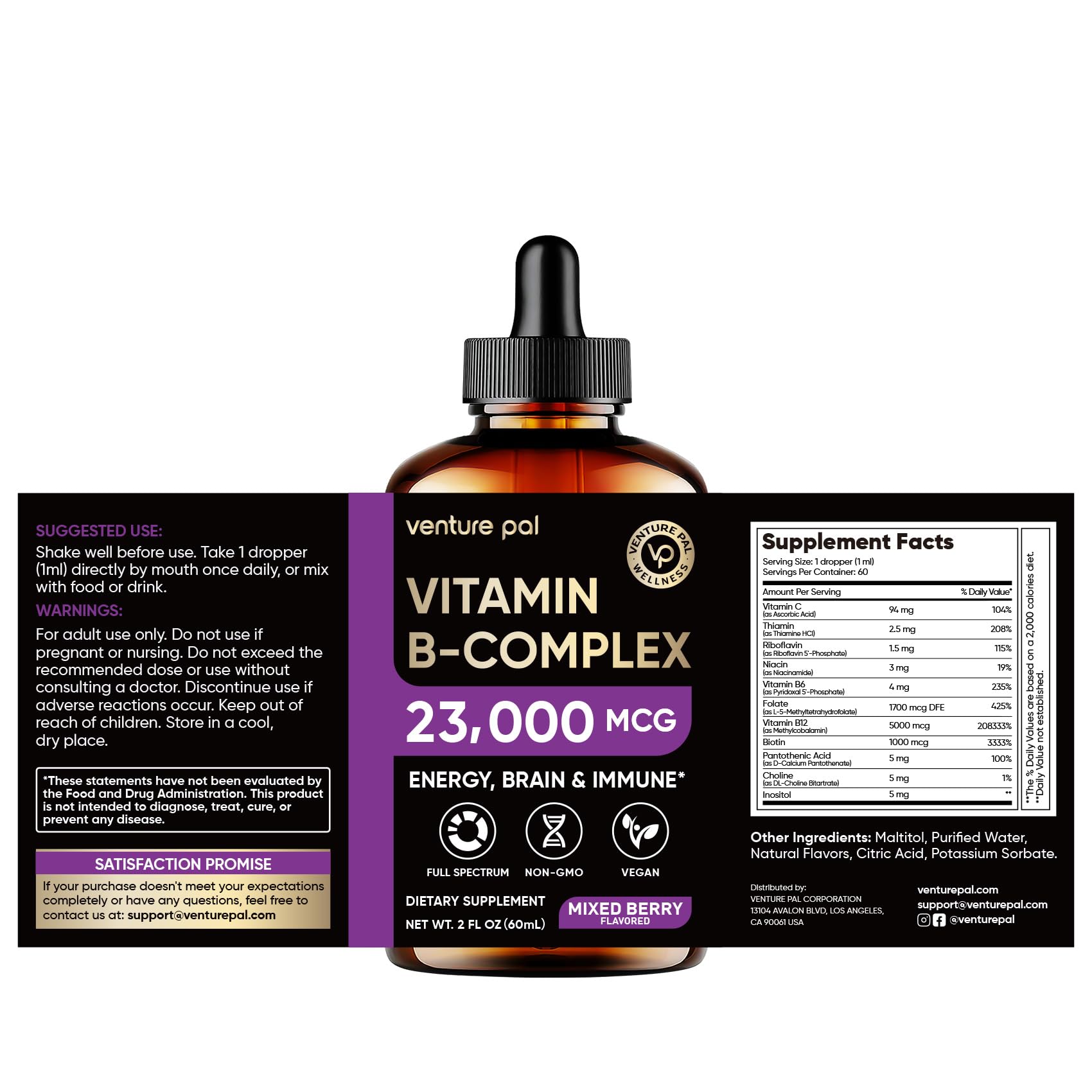 Vitamin B Complex 23000mcg - Methyl B12| B9 Folic|B7 Biotin,B1,B2,B3,B5,B6 | Vitamin B Complex Liquid Drops for Men & Women with Vitamin C, Choline & Inositol for Energy, Immune & Brain Support - 2Oz