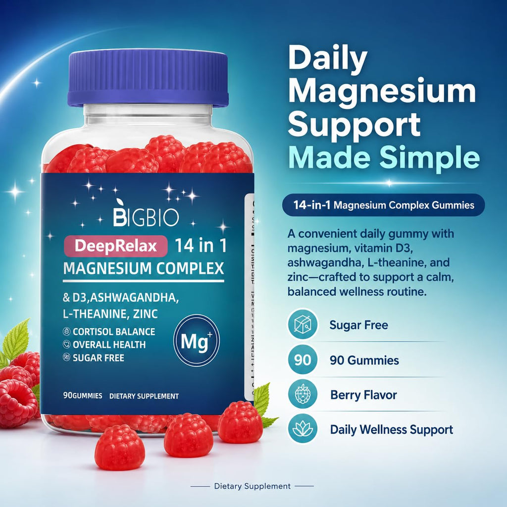 Magnesium Complex 14-in-1 Gummies Sugar-Free – with Ashwagandha, L-Theanine, D3 & Zinc – Cortisol Supplements for Women – Berry Flavor 90 Gummies 45 Servings