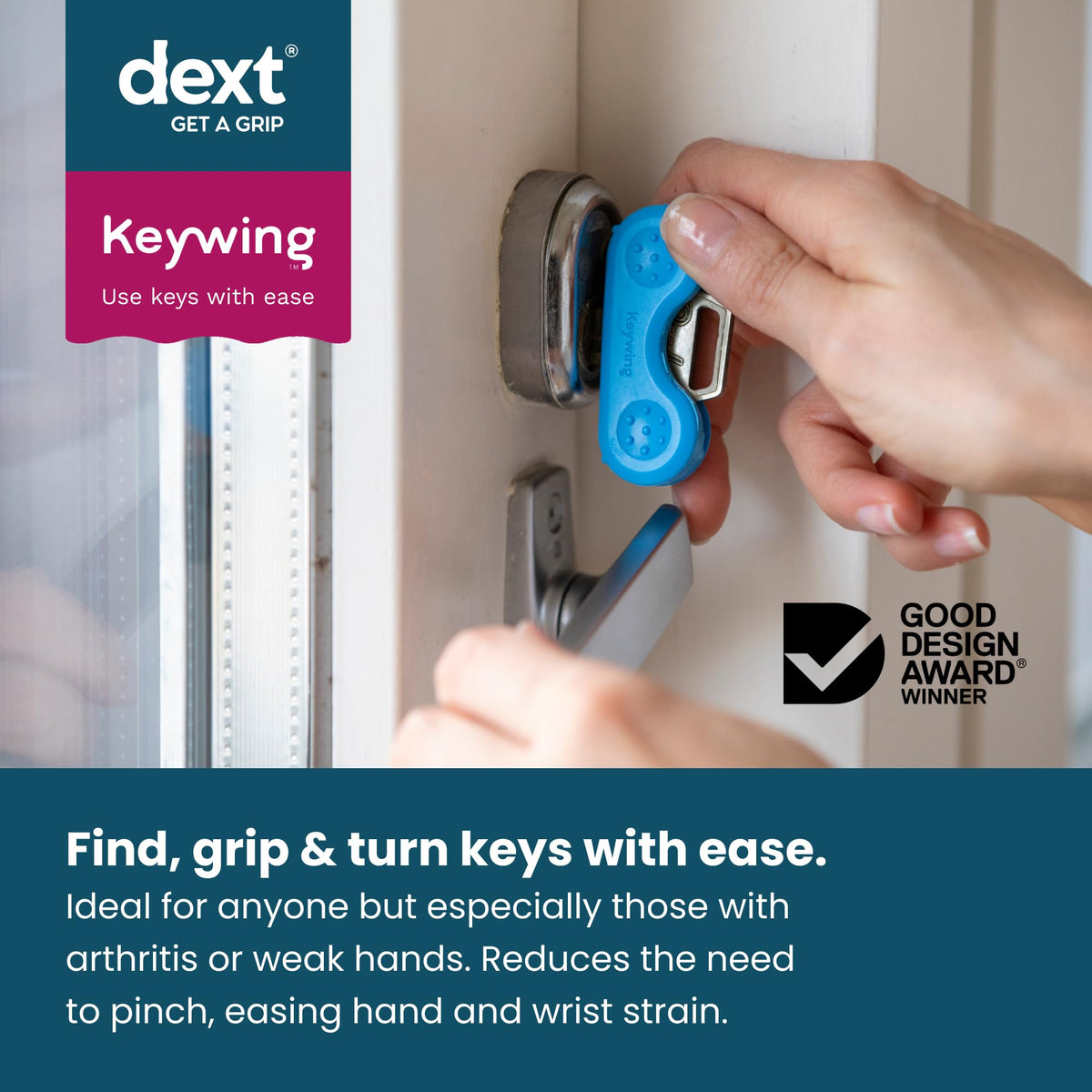 Dext - Keywing Key Turner Aid for People with Arthritis, Parkinson’s, and More, Comfortable and Secure Grip for Weak Hands, Lightweight, Durable, Click-On Design, Suitable for Flat Keys (Multipack, 3)