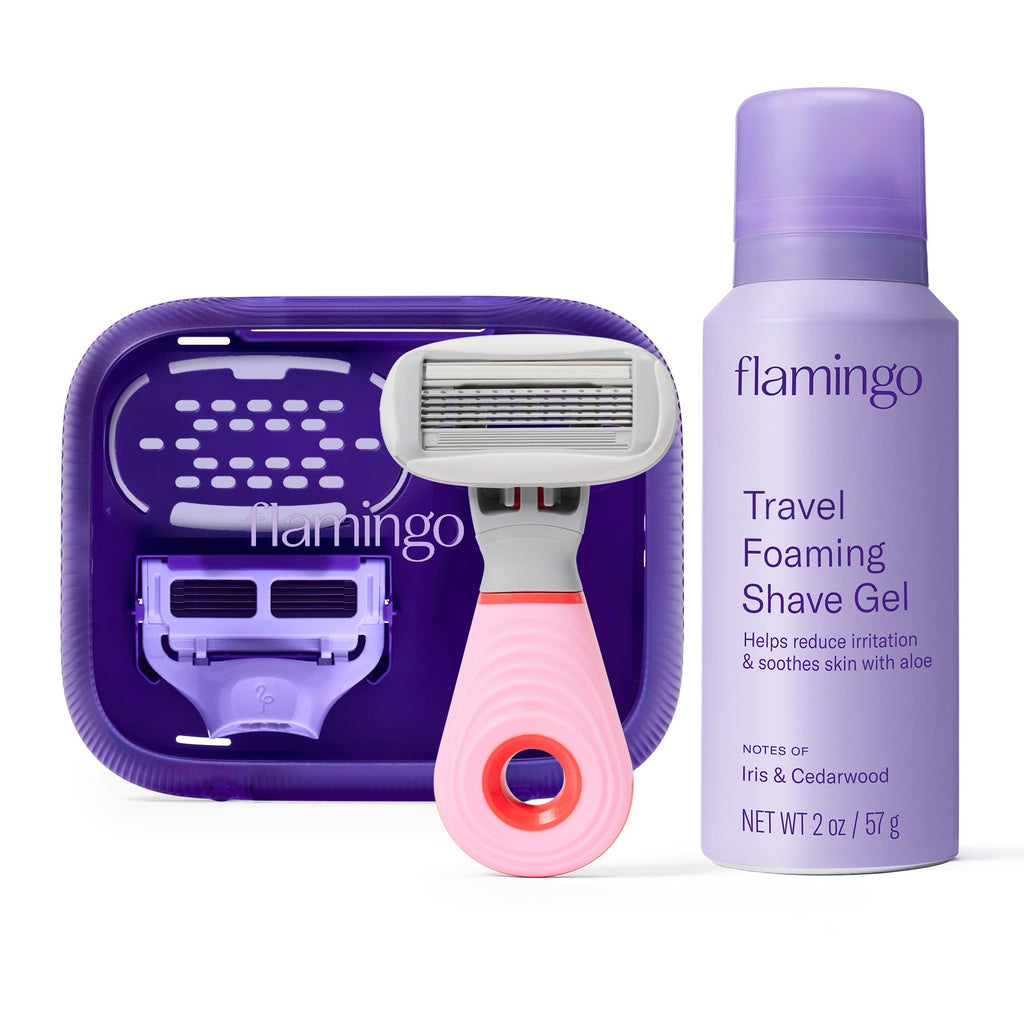 Flamingo Travel Razor Kit for Women - Body & Pubic Razor - Mini Handle, 2 Blade Refills, 1 Travel Size Foaming Shave Gel & Vented Case - TSA Approved Essentials