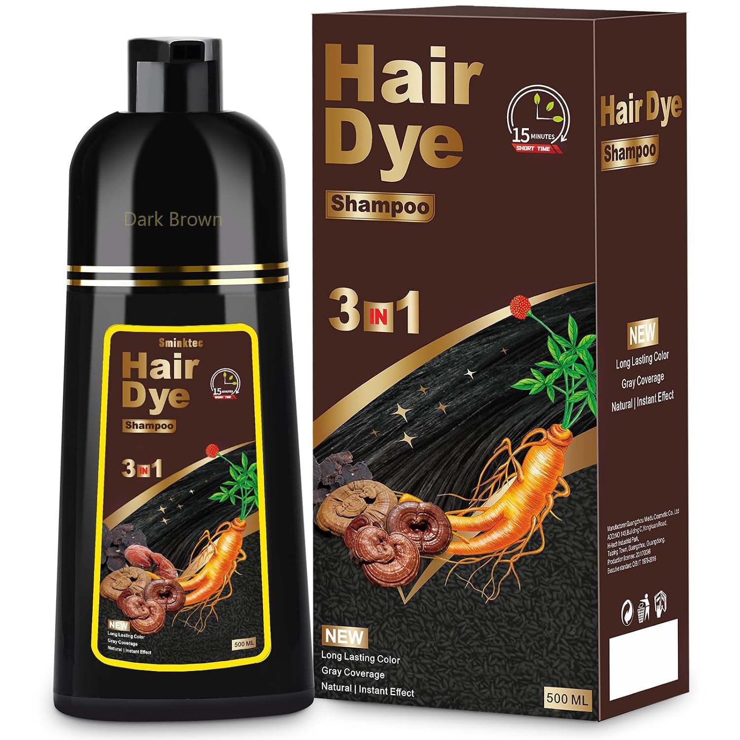 Sminktec Hair Dye Shampoo 3 in 1 for Gray Hair, Herbal Ingredients Natural Shampoo Hair Dye for Women Men (Black)