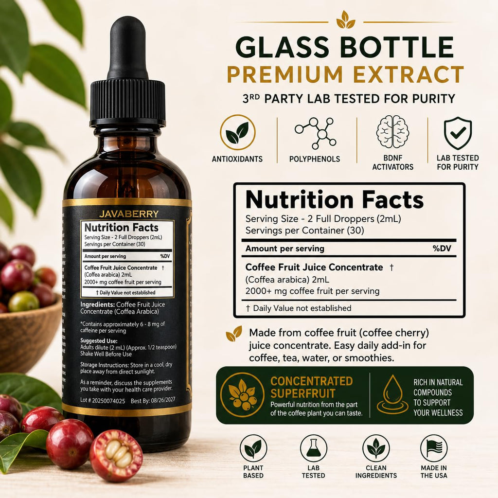 Whole Coffee Fruit Extract – Brain, Focus & Memory Support with BDNF | Low-Caffeine Coffee Cherry Superfruit Concentrate | Polyphenols & Antioxidants, Sugar-Free | 60mL Liquid
