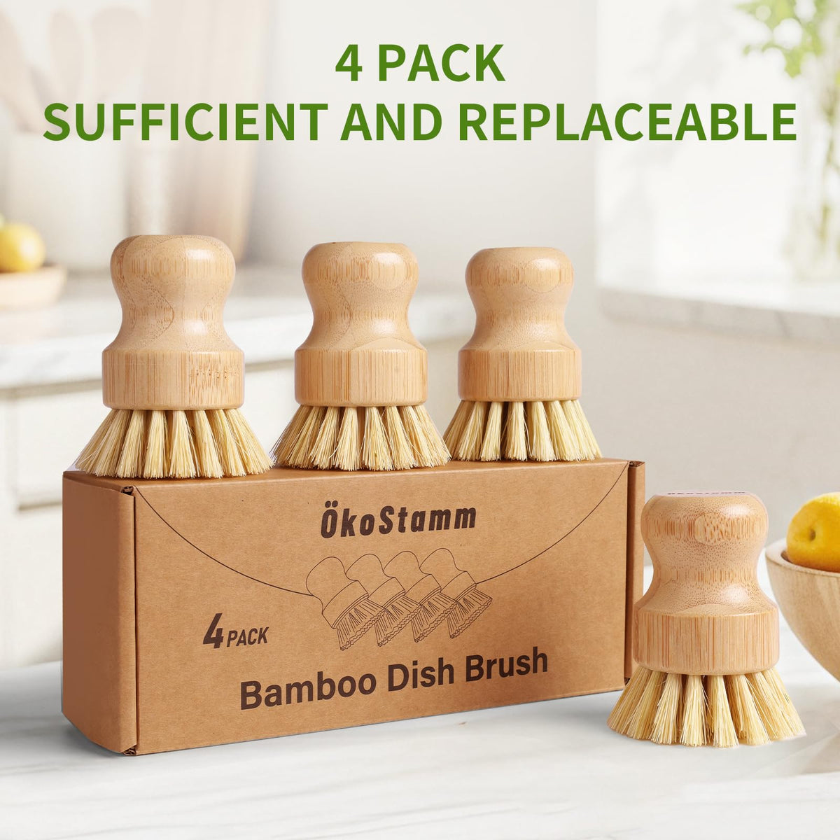 4 Pack Bamboo Dish Brush with Sisal Bristles for Kitchen Cleaning