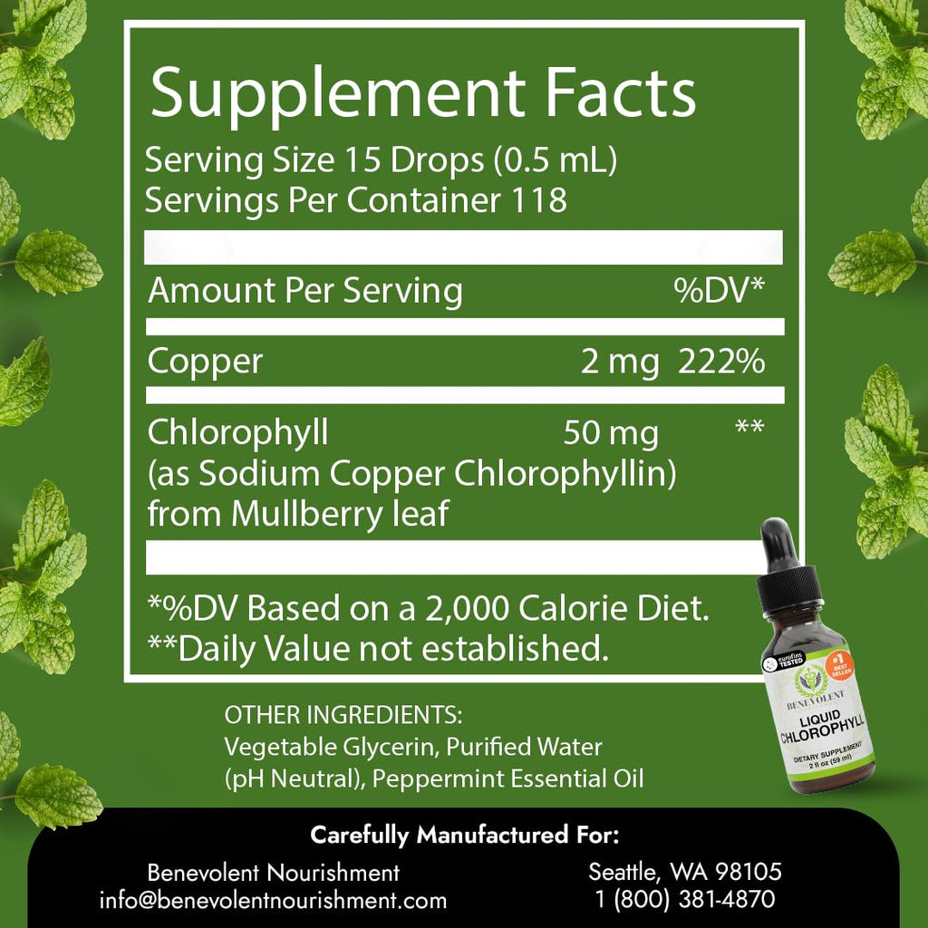 Benevolent Nourishment Chlorophyll Supplement, Detox & Immune Support, Internal Deodorizer, Liquid Drops | Highly Absorbable Supplement for Energy Support, Immune Wellness, Natural Cleansing, 4 Month Supply