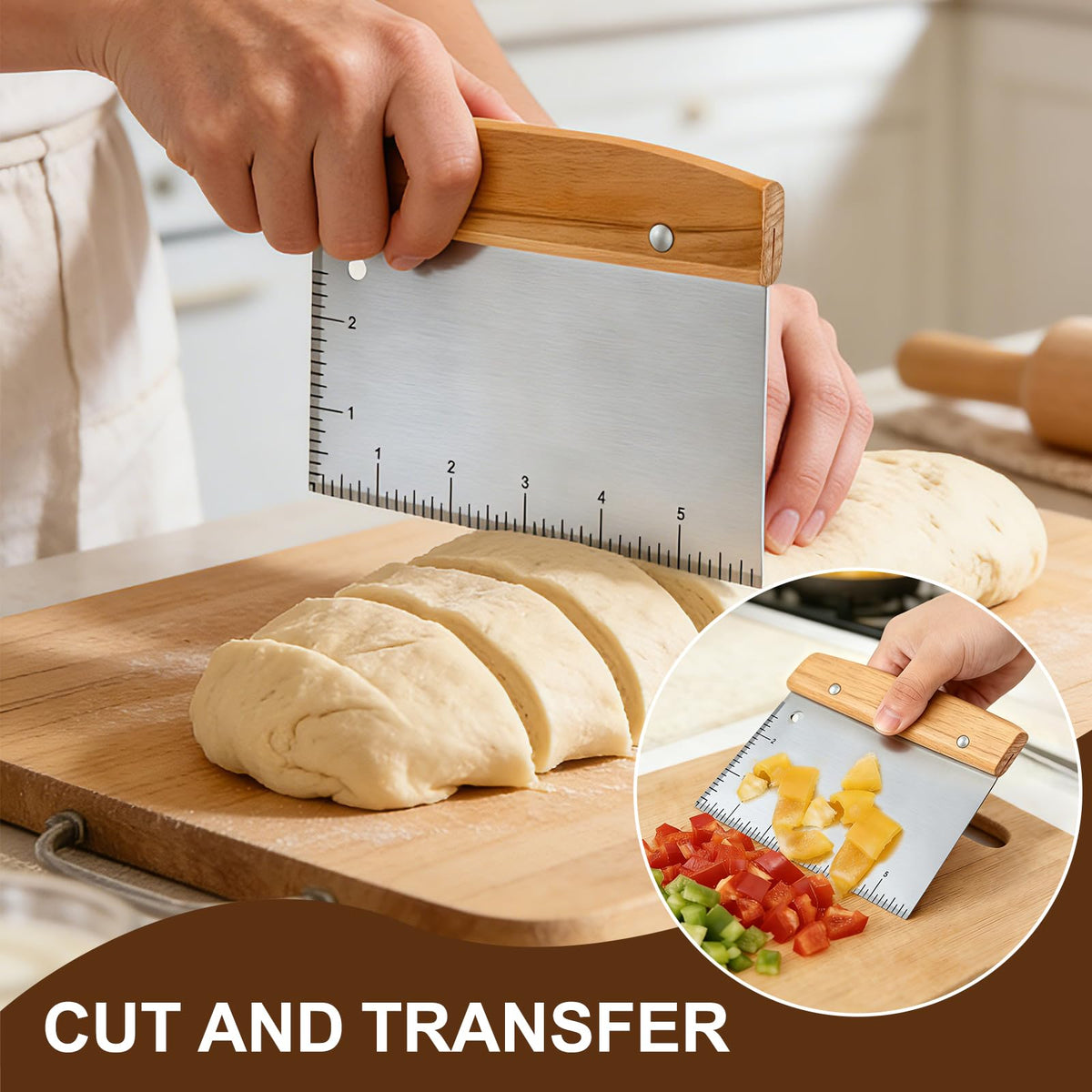Versatile Bench Scraper with Wood Handle, Premium Stainless Steel Dough Scraper Cutter with 2 PCS Flexible Bowl Scraper for Pastry Bread Pizza, Kitchen Scraper Tool for Flat Top Griddle