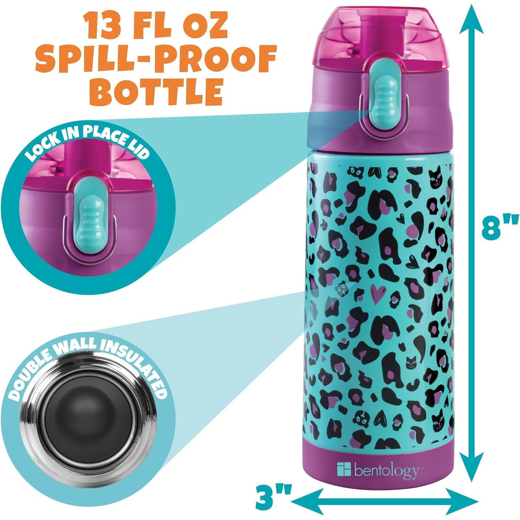 Buy now Bentology Kids Lunch Bag Set w Matching Reusable Water Bottle & Hard Ice Pack- Blue Purple Cheetah Cat- Insulated Tote, Stainless Steel Insulated Thermos, Hard Ice Pack- Back to School Lunchbox Kits at indiglob india