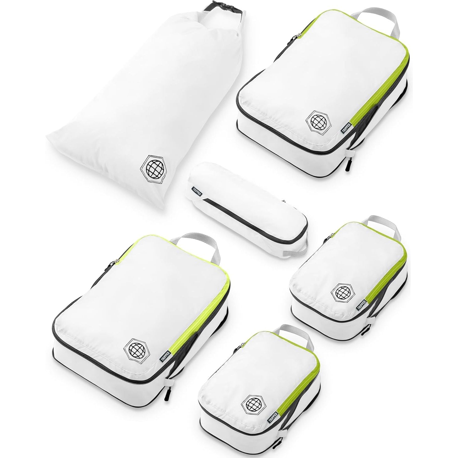 Buy now Compression Packing Cubes Set for Travel - Lightweight, Durable Clothes Organizer for Carry-On Luggage and Suitcases by TRIPPED Travel Gear 6 Piece White and Green at indiglob india