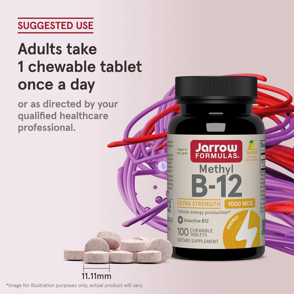 Jarrow Formulas Methyl Vitamin B-12 1000 mcg, 100 Chewable Tablets, Lemon Flavored- Vitamin B12 - Supports Cellular Energy Production, Brain Health & Metabolism - 100 Servings (Pack of 2)