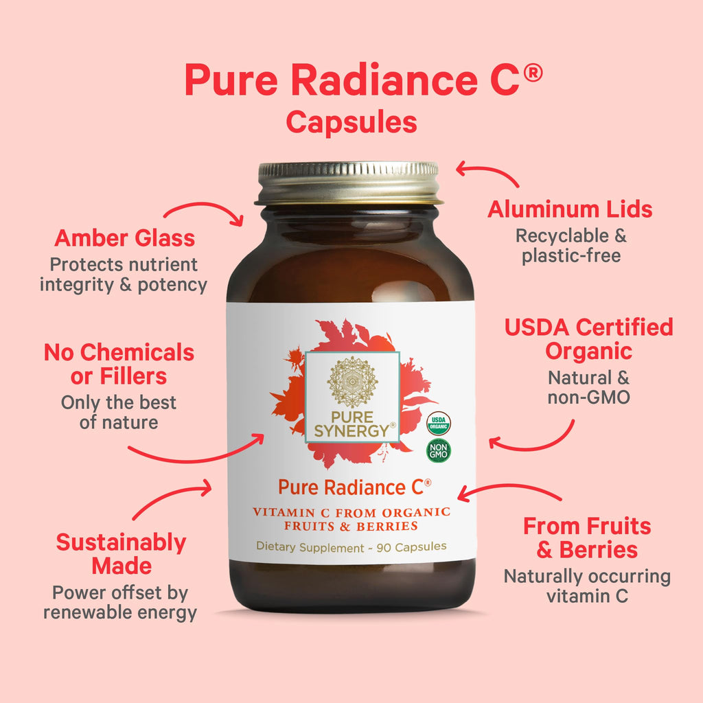Pure Synergy Pure Radiance C Organic Vitamin C Capsules (90 Capsules) | 100% Natural, Whole Food, Non-GMO Supplement with Organic Camu Camu, For Immune & Collagen Support