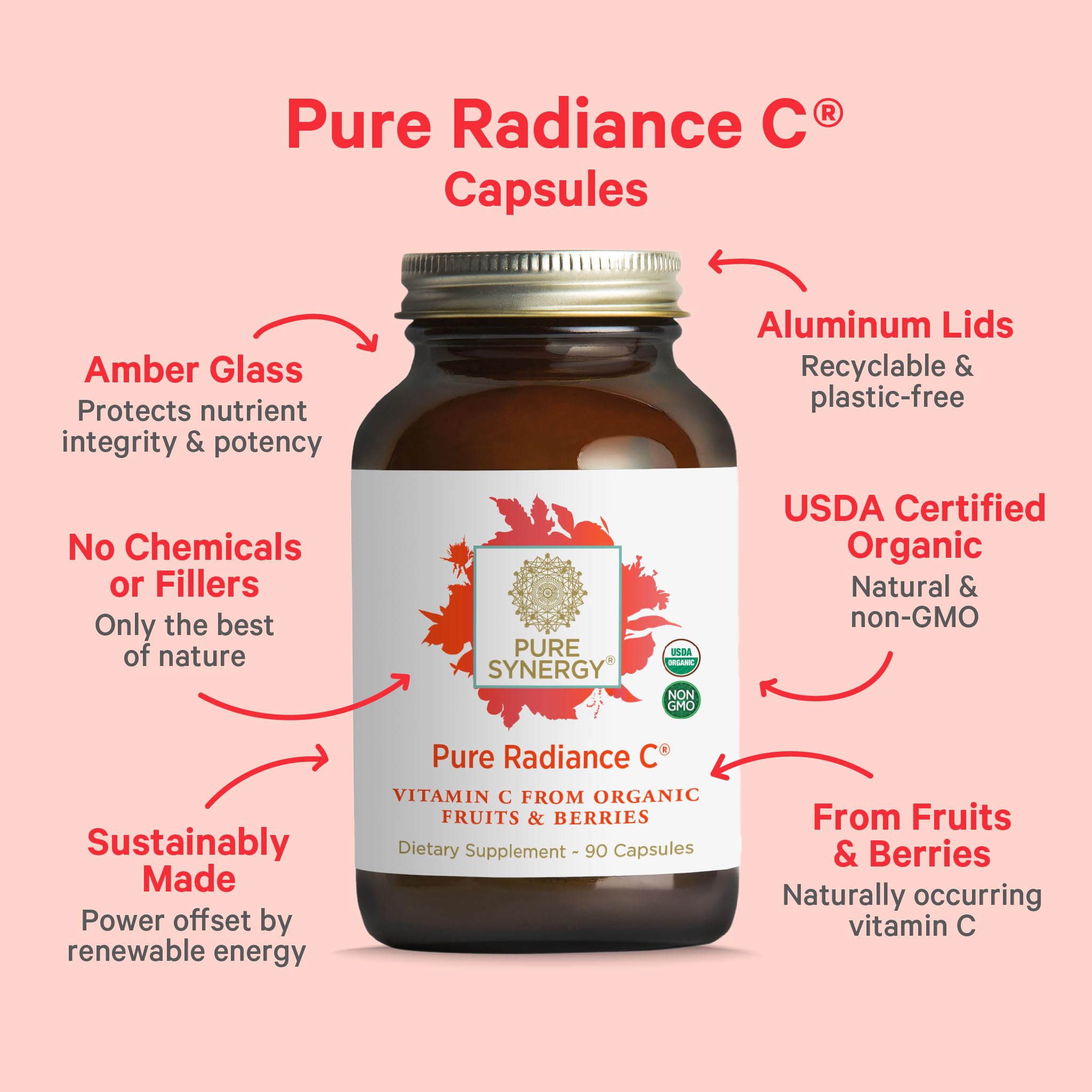 Pure Synergy Pure Radiance C Organic Vitamin C Capsules (90 Capsules) | 100% Natural, Whole Food, Non-GMO Supplement with Organic Camu Camu, For Immune & Collagen Support