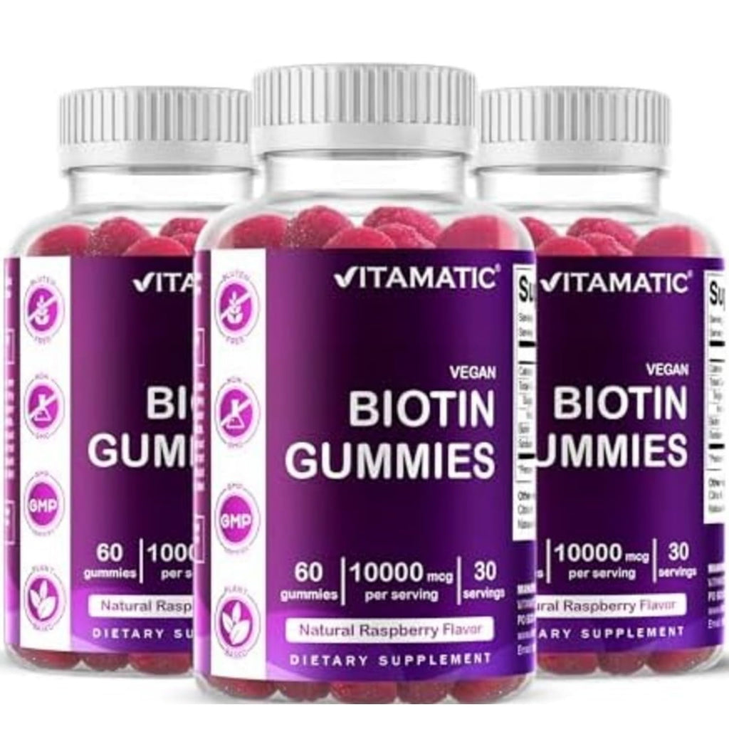 Vitamatic Biotin 10,000 mcg, 60 Vegan Gummies, Raspberry Flavor-2 Pack | 10000 mcg Per Serving, Natural Raspberry Flavor, Pectin Based, Non-GMO, Gluten Free, GMP Certified