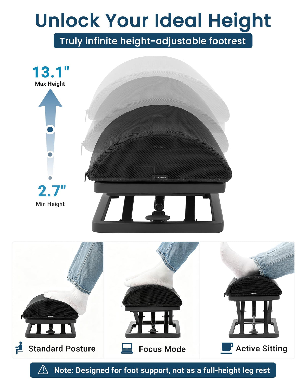Step-to-Adjust Foot Rest—Truly Infinite Height, No Bending Needed