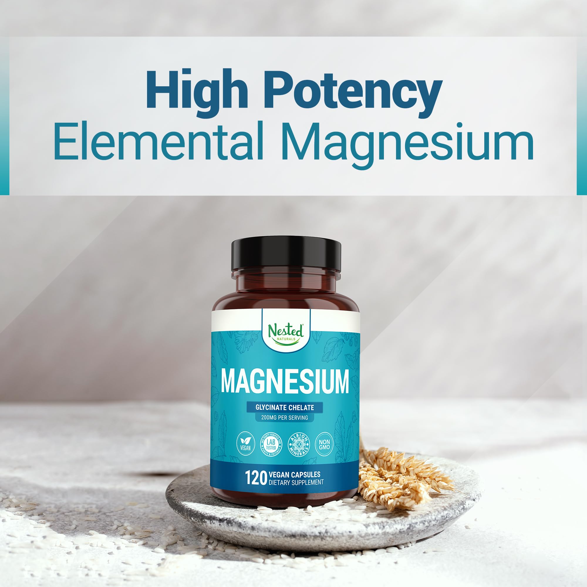 Nested Naturals Magnesium Glycinate Chelate - 200mg Chelated Magnesium Supplement for Muscle Cramps, Relaxation, & Sleep Support - 100% Albion TRACCS Buffered Magnesium Glycinate - 120 Vegan Capsules