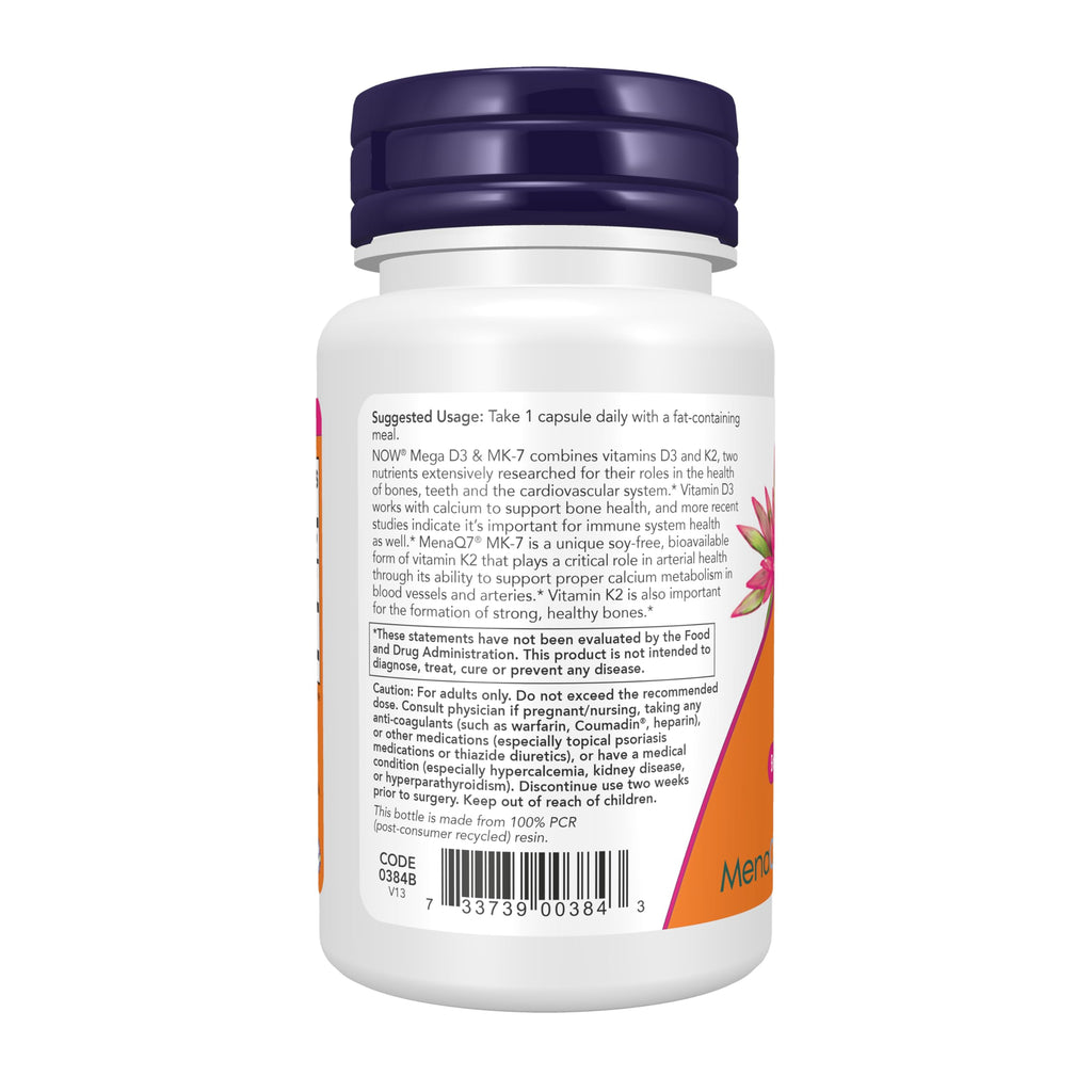 NOW Foods Supplements, Mega D-3 & MK-7 with Vitamins D-3 & K-2, 5,000 IU/180 mcg, Bone & Cardiovascular Support*, 60 Veg Capsules