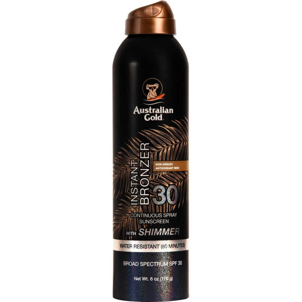 Australian Gold Continuous Spray Sunscreen with Instant Bronzer SPF 30, Immediate Glow & Dries Fast Water Resistant NonGreasy Oxybenzone Free Cruelty Free, Bronzer New, Orange, 6 Oz