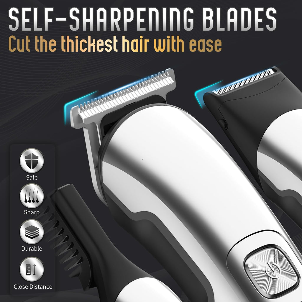 Ufree Beard Trimmer for Men, Waterproof Electric Razor, Grooming Kit | Stainless steel blades, six interchangeable heads, wet and dry use, USB rechargeable, for face body nose ear trimming, silver