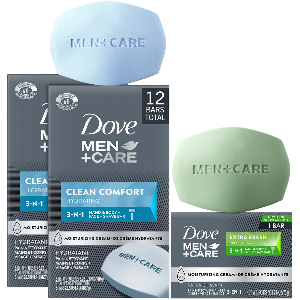 Buy now Dove Men+Care Clean Comfort Soaps (2 Boxes/12 Bars)+ Extra Fresh Soap (1 Bar) – Hydrating & Refreshing 3-in-1 Hand & Body, Face + Shave Soap Bundle at indiglob india