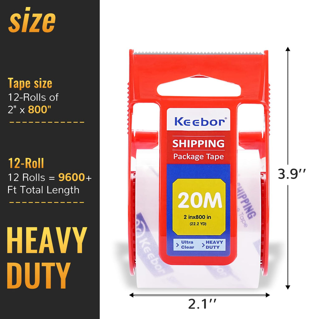 Keebor 12 Rolls Packaging Tape with Dispenser, Heavy Duty, Clear