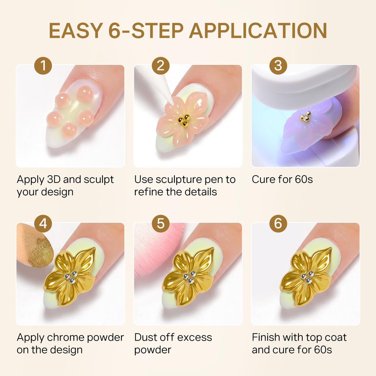 Explore MIZHSE 3D Sculpting Gel for creative nail art. Easy application with 6 steps. Verified by CuratCart for quality and trust.