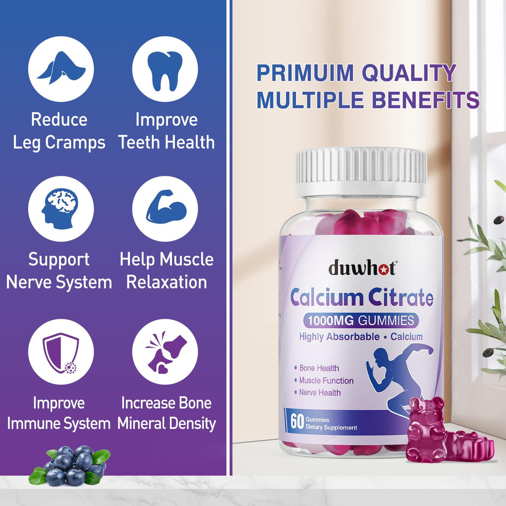 duwhot Calcium Citrate Gummies, Chewable Calcium 1000mg for Women, Men Kids | High Absorption Calcium Minerals Supplements for Bone, Muscle & Immune Support, Blueberry Flavor, Vegan, Organic, 60 Chews