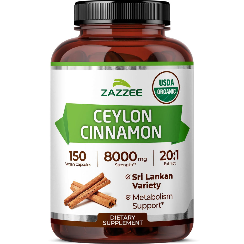 Zazzee USDA Organic Ceylon Cinnamon 20:1 Extract, 150 Capsules, Sri Lankan | Vegan, 5 Month Supply, Cinnamomum Verum, Antioxidant & Metabolic Support, All-Natural, Non-GMO, Made in the USA