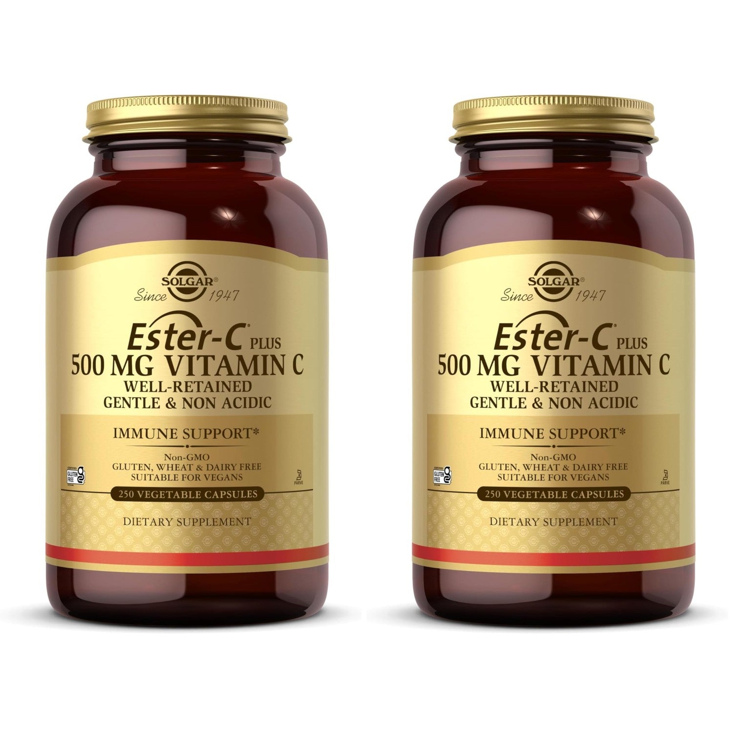Solgar Ester-C Plus 500 mg Vitamin C (Ascorbate Complex), 250 Servings | Gentle & Non Acidic, Antioxidant & Immune Support - Non GMO, Vegan, Gluten Free, Kosher - 250 Vegetable Capsules