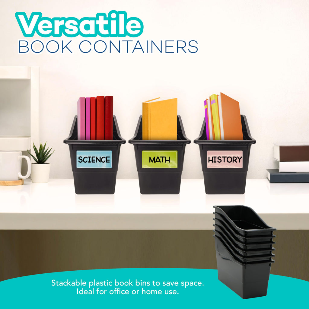 4E's Novelty 6 Durable Book and Binder Holder, Files Book Bins for Classroom, Plastic Vertical Storage Book Organizer Folder Office Classroom Organization Containers Supplies (With Labels)