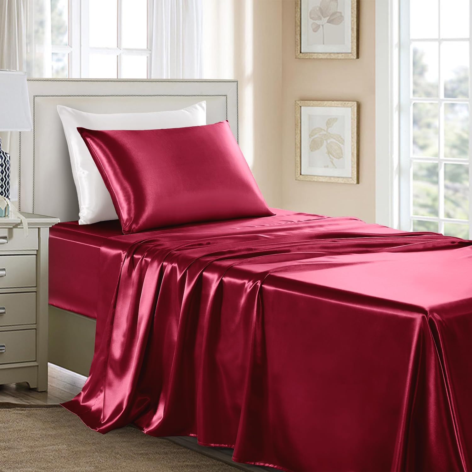 Buy now Satin Sheets King Size - 4 Pieces Luxury Silky Soft Bed Sheets, Wrinkle-Free Gold Satin Silk Sheet Set with 1 Deep Pocket Fitted Sheet, 1 Flat Sheet, 2 Pillow Cases Twin Burgundy at indiglob india