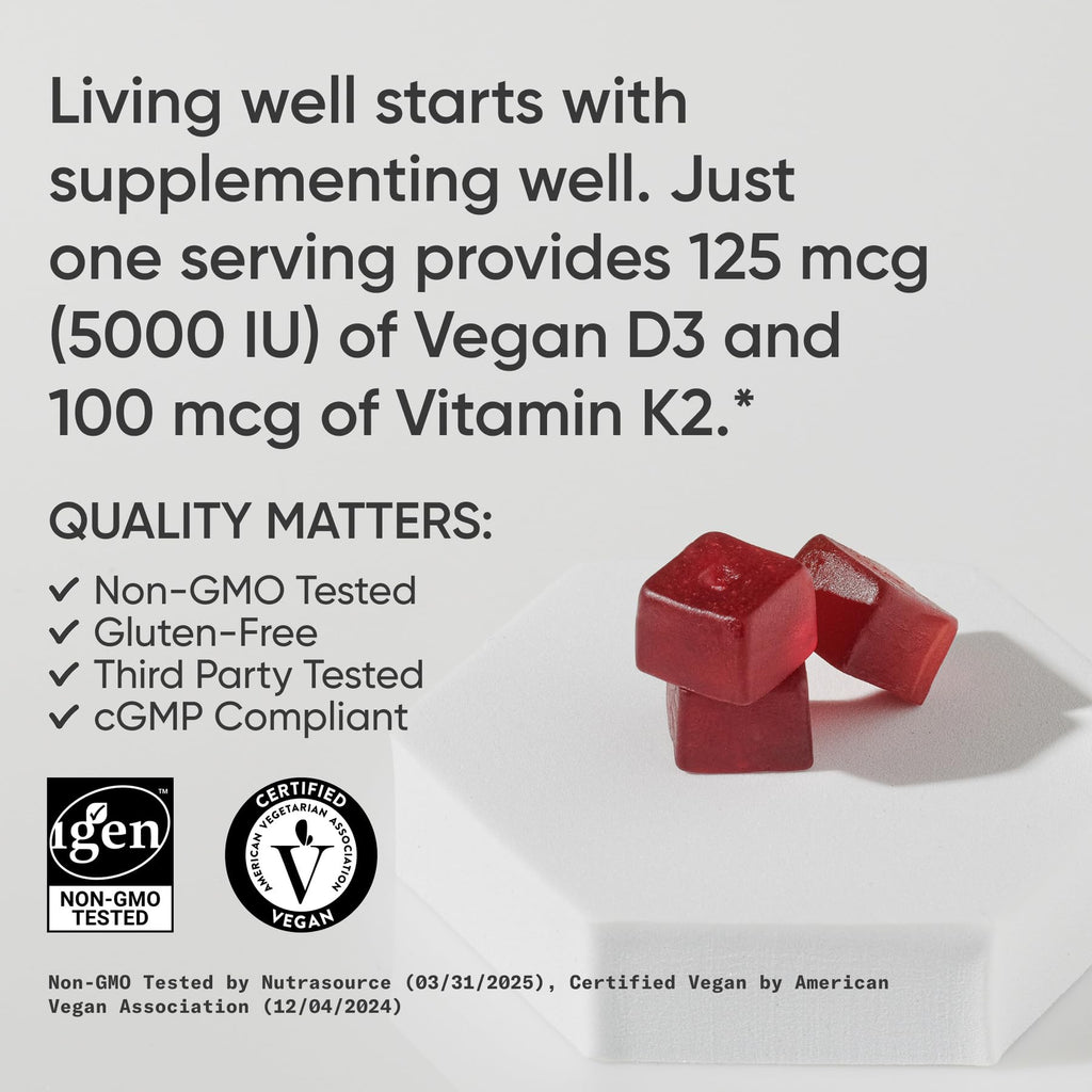 Sports Research® Vegan Vitamin D3 + K2 Sugar-Free Gummies, 60 Count | 125mcg (5000iu) Vitamin D w/ 100mcg Mk7 Vitamin K - Supports Bone & Immune Health* - Vegan Certified · Non-GMO · Soy Free