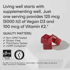 Sports Research® Vegan Vitamin D3 + K2 Sugar-Free Gummies, 60 Count | 125mcg (5000iu) Vitamin D w/ 100mcg Mk7 Vitamin K - Supports Bone & Immune Health* - Vegan Certified · Non-GMO · Soy Free