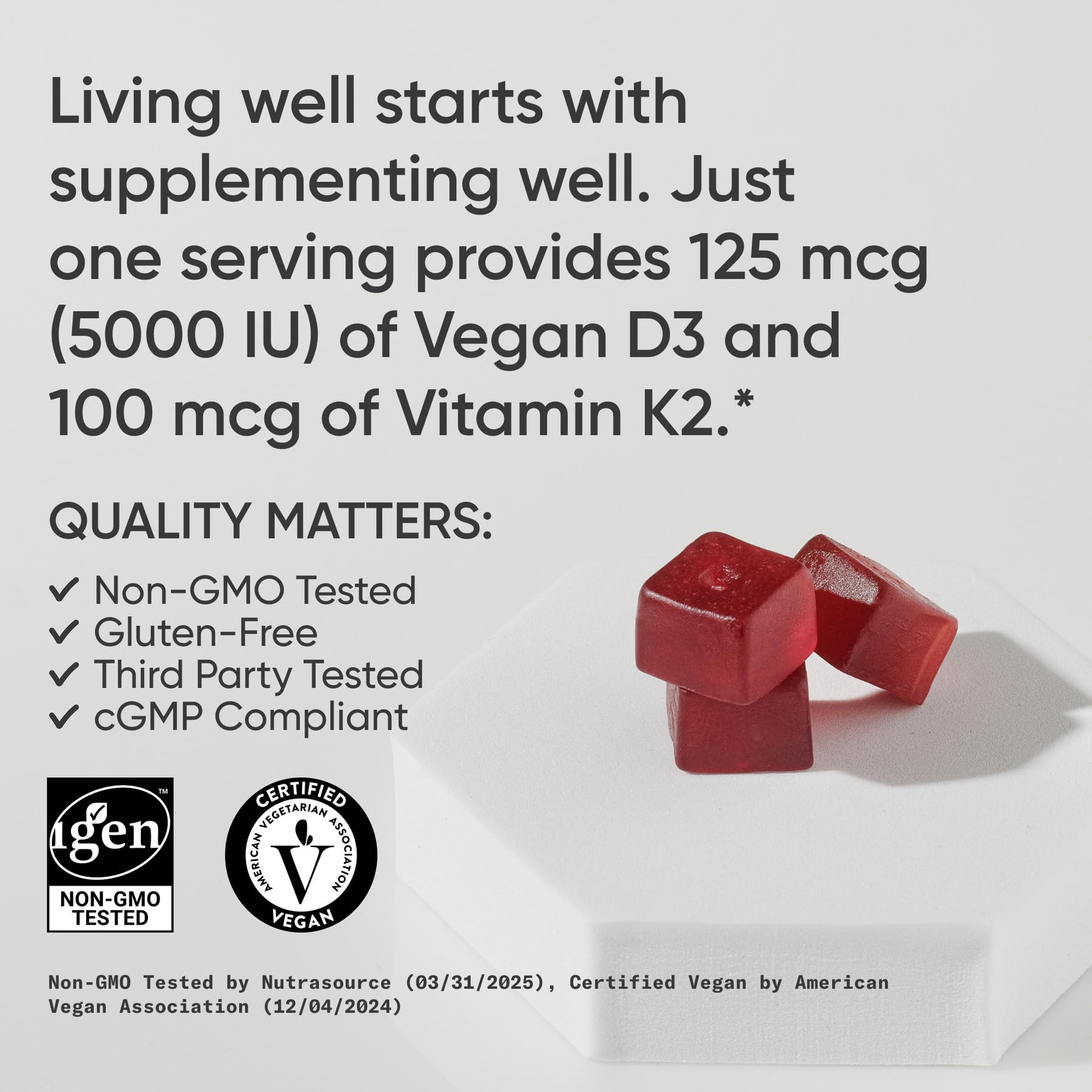 Sports Research® Vegan Vitamin D3 + K2 Sugar-Free Gummies, 60 Count | 125mcg (5000iu) Vitamin D w/ 100mcg Mk7 Vitamin K - Supports Bone & Immune Health* - Vegan Certified · Non-GMO · Soy Free