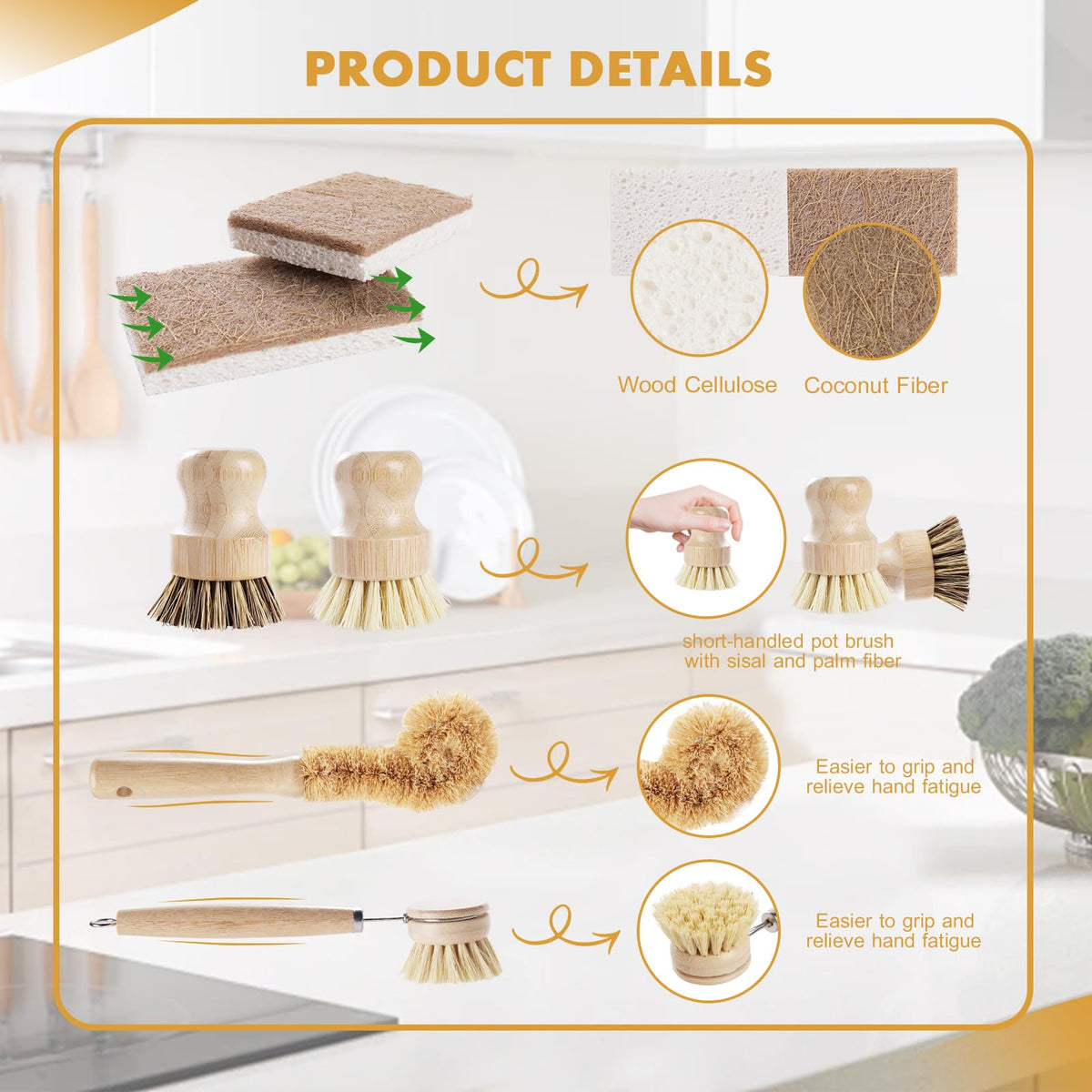 DEBETOOL 6-Piece Bamboo Dish Brush Set with Coconut Sponge