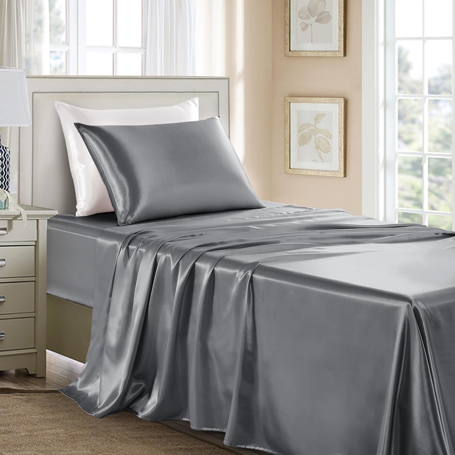 Buy now Satin Sheets King Size - 4 Pieces Luxury Silky Soft Bed Sheets, Wrinkle-Free Gold Satin Silk Sheet Set with 1 Deep Pocket Fitted Sheet, 1 Flat Sheet, 2 Pillow Cases Twin Dark Gray at indiglob india