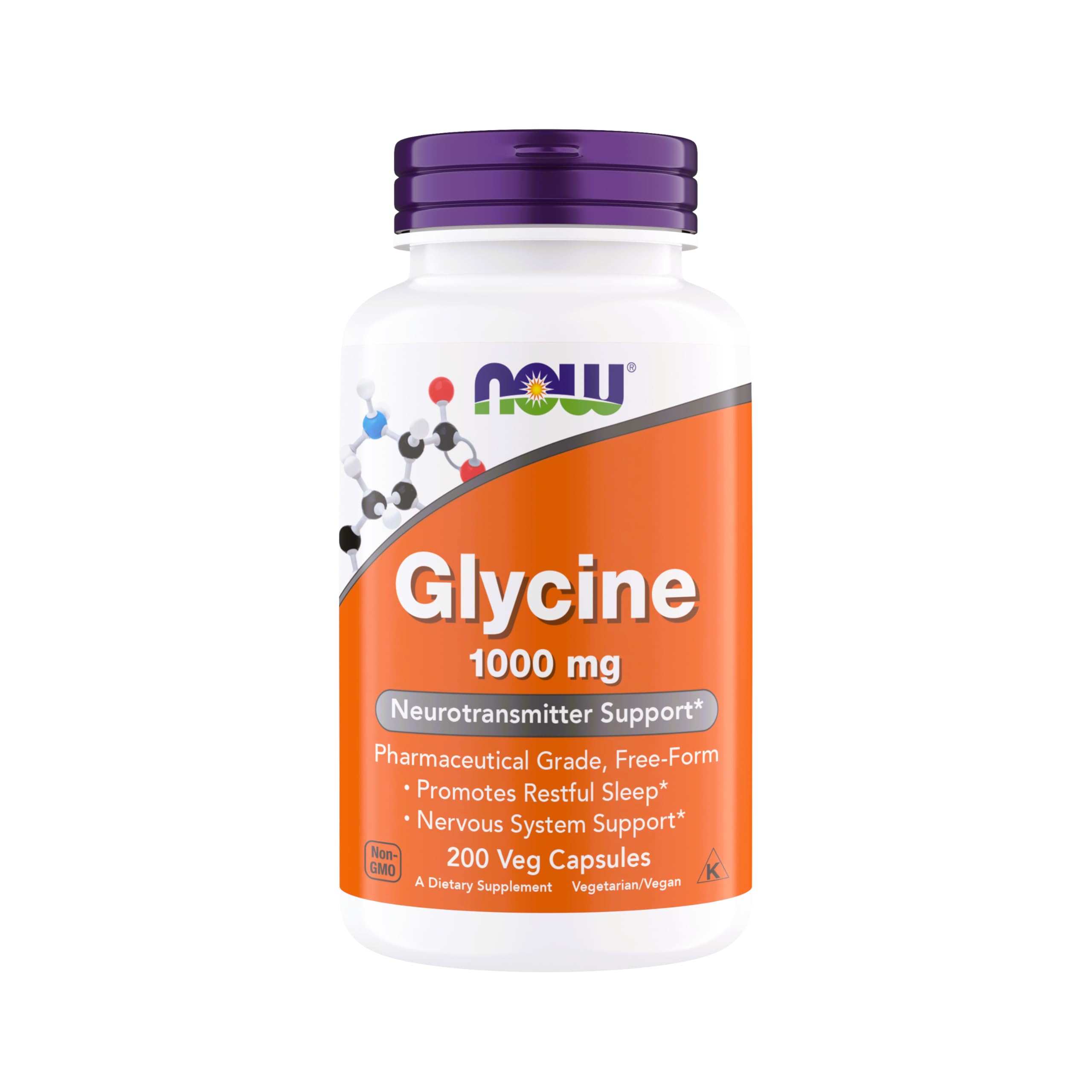 NOW Foods Glycine 1000mg, Free-Form Pharmaceutical Grade, Neurotransmitter Support*, Promotes restful Sleep*, Gluten Free, Vegan, Kosher 200 Vegetarian Capsules (Pack of 2)