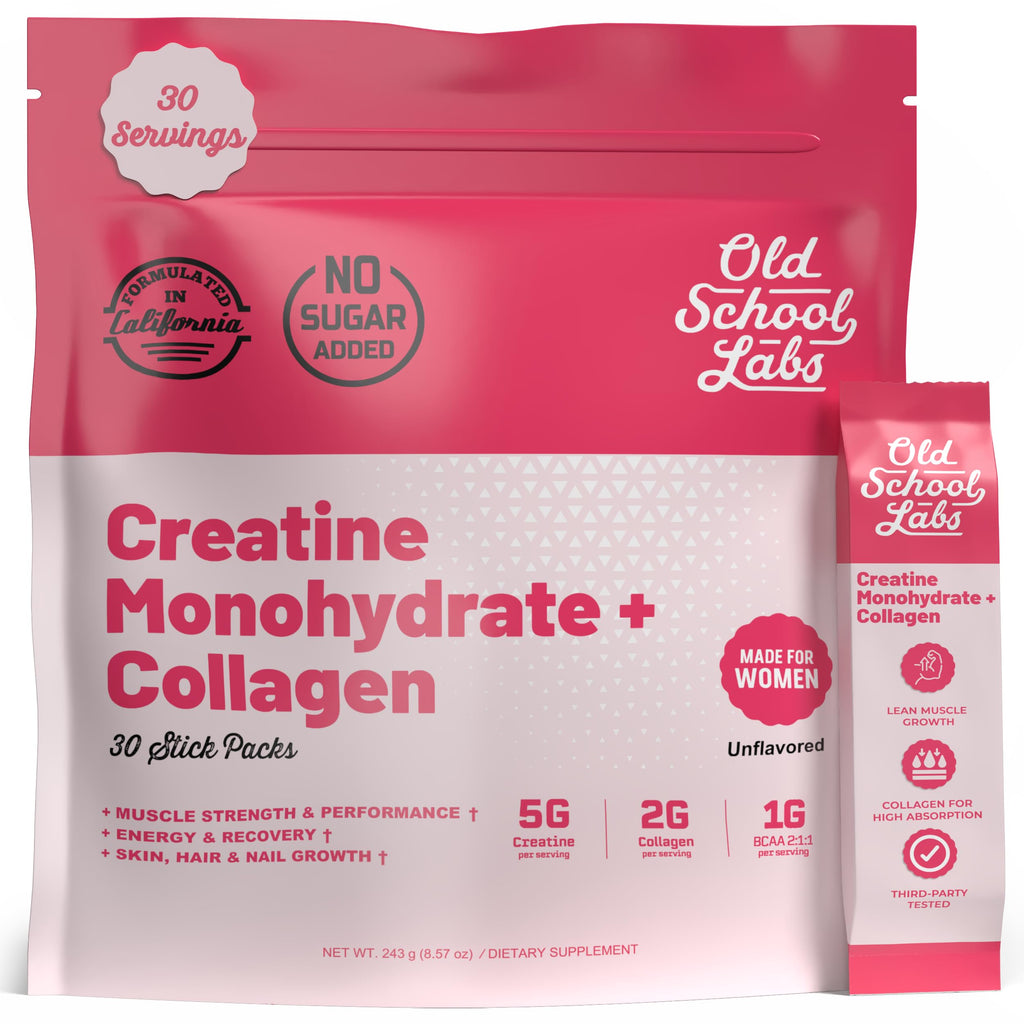 Old School Labs Creatine for Women with Collagen and BCAA, Unflavored | Post-Workout Supplement with 5g Creatine Monohydrate Powder, 2g Collagen & BCAA for Strength & Recovery