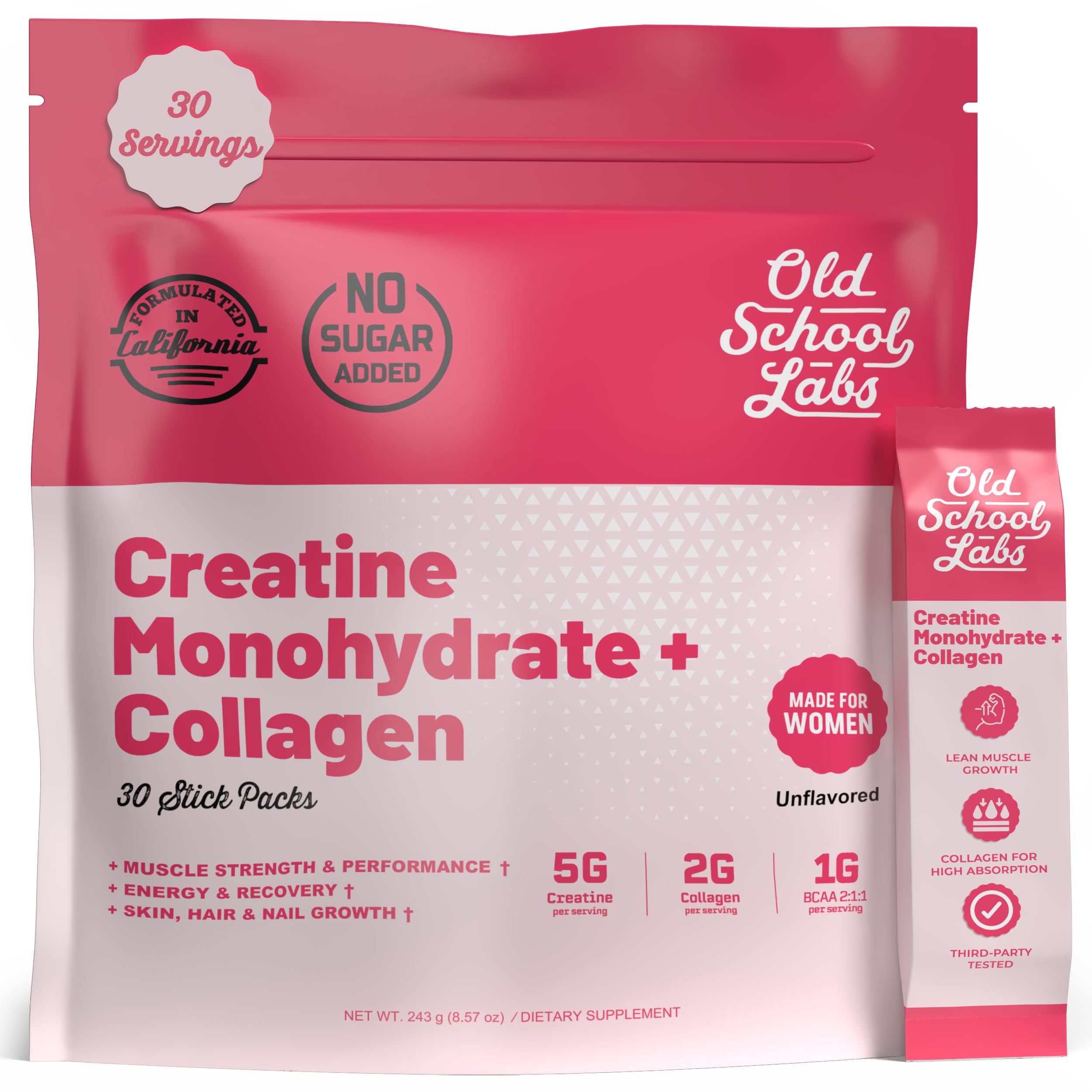 Old School Labs Creatine for Women with Collagen and BCAA, Unflavored | Post-Workout Supplement with 5g Creatine Monohydrate Powder, 2g Collagen & BCAA for Strength & Recovery