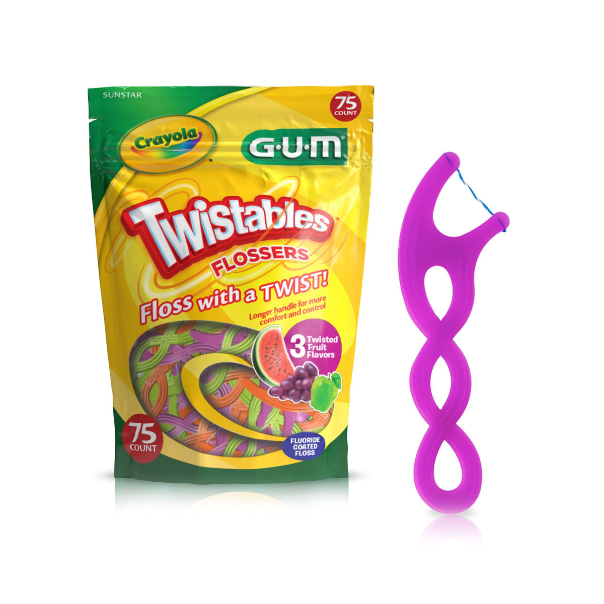 GUM Crayola Twistables Kids Floss Pick with Fluoride, 75 Count