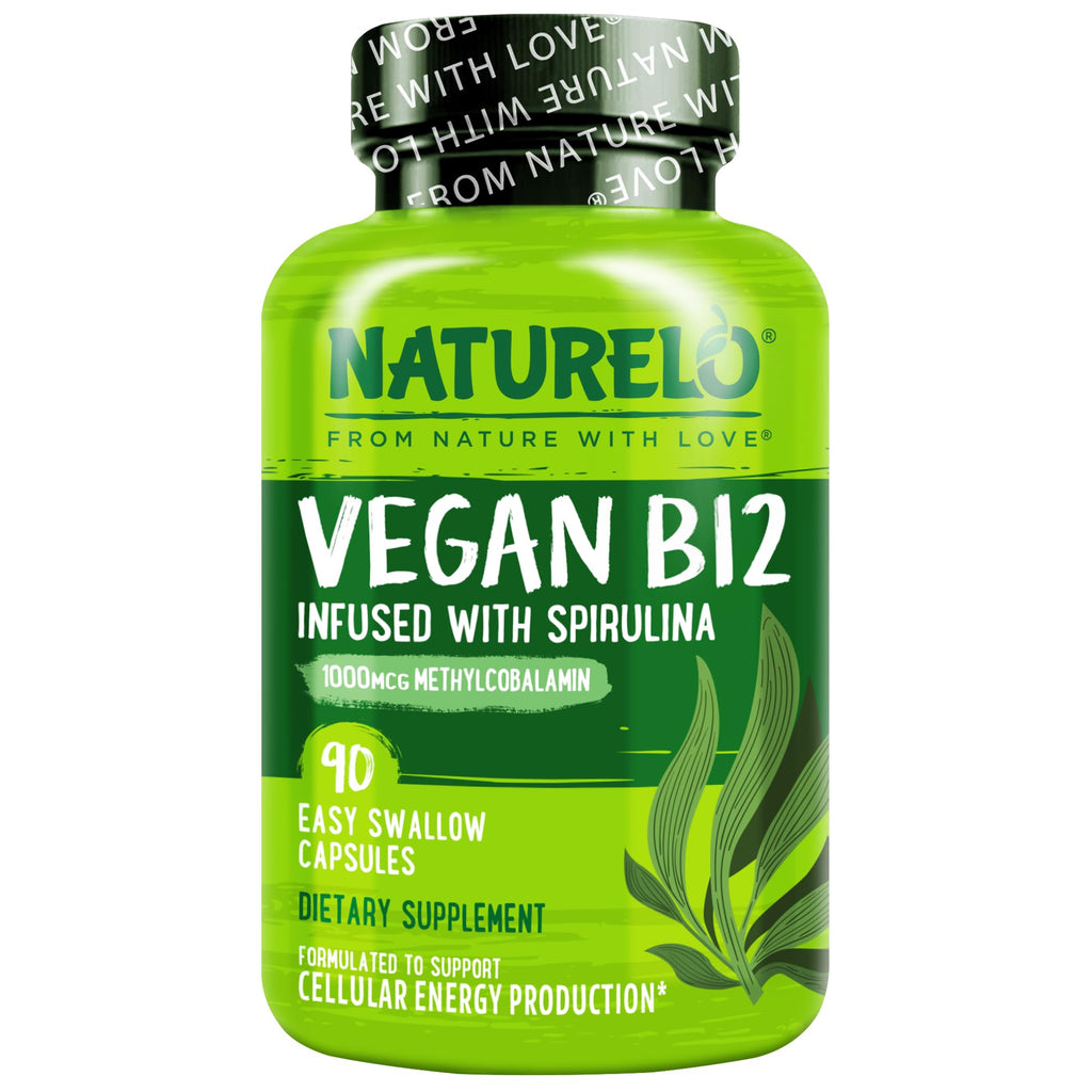 NATURELO Vegan B12 - Methylcobalamin, 90 Capsules | Organic Spirulina, Methyl B12 1000 mcg, Supports Healthy Mood, Energy, Heart & Eye Health, Vitamin B12 1000 mcg