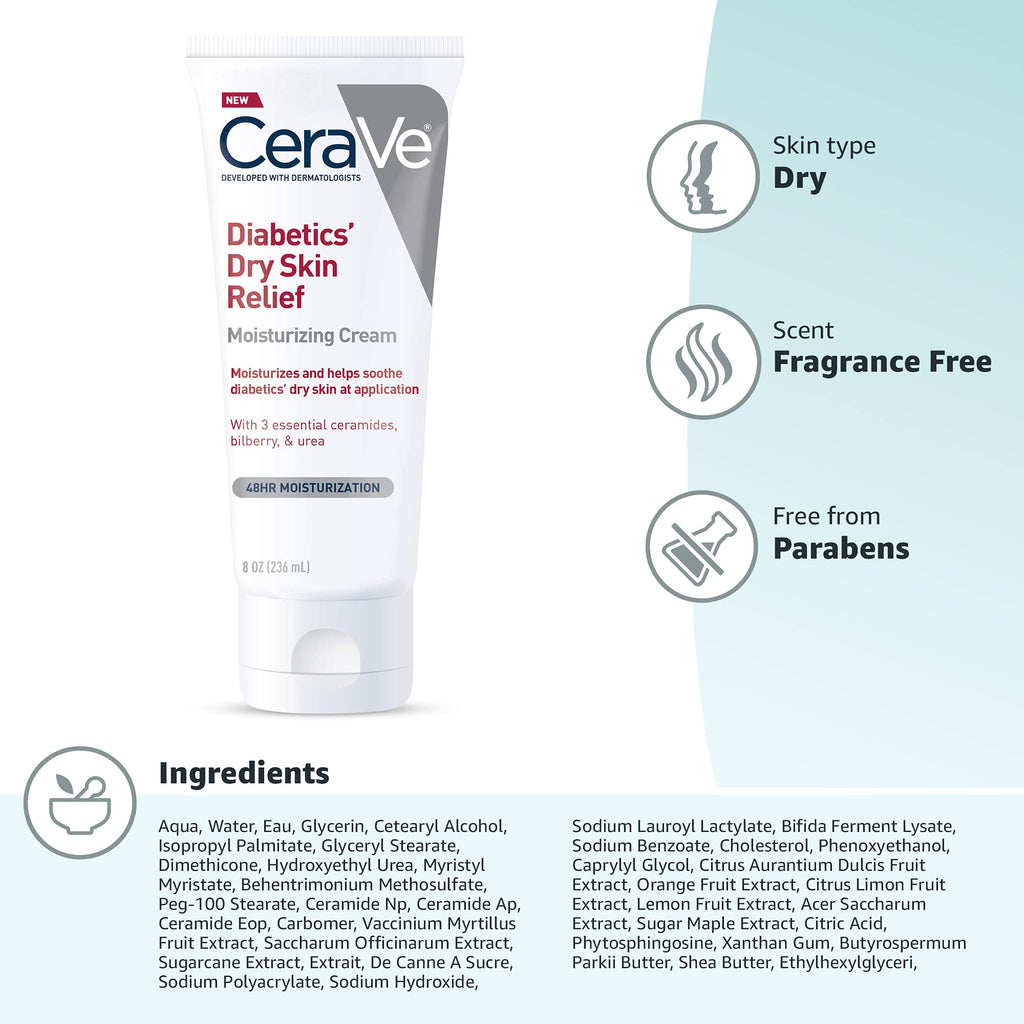 CeraVe Diabetics Dry Skin Moisturizing Cream, Urea Face & Body Lotion, 8oz | Fast-Absorbing Skin Care Formula with Ceramides and Antioxidants Provides 48-Hour Hydration To Soothe Diabetics' Dry Skin