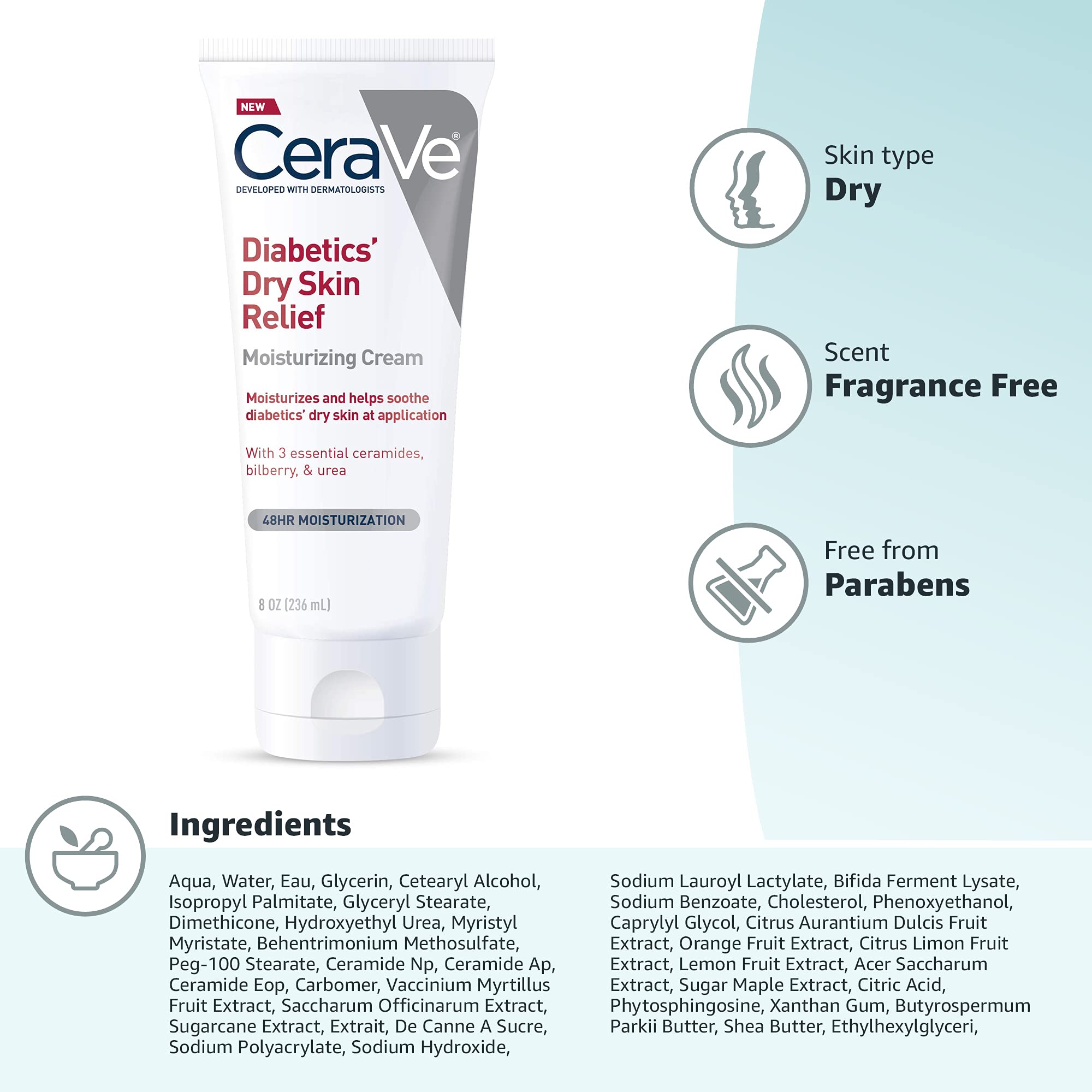 CeraVe Diabetics Dry Skin Moisturizing Cream, Urea Face & Body Lotion, 8oz | Fast-Absorbing Skin Care Formula with Ceramides and Antioxidants Provides 48-Hour Hydration To Soothe Diabetics' Dry Skin
